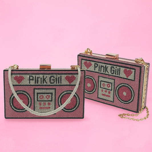 Izora Pink Girl Boombox Crystal Clutch
